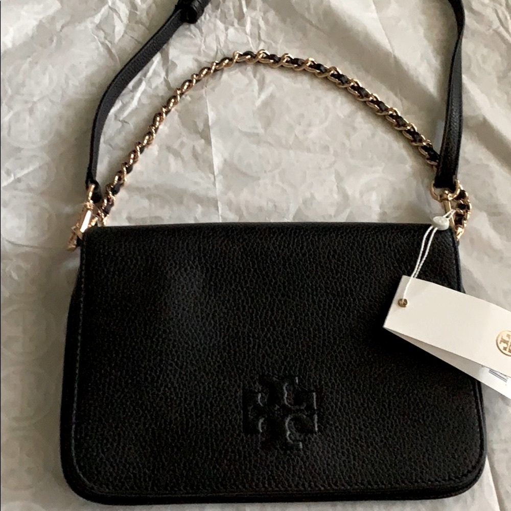 Tory Burch Black Leather Crossbody with Gold Chain